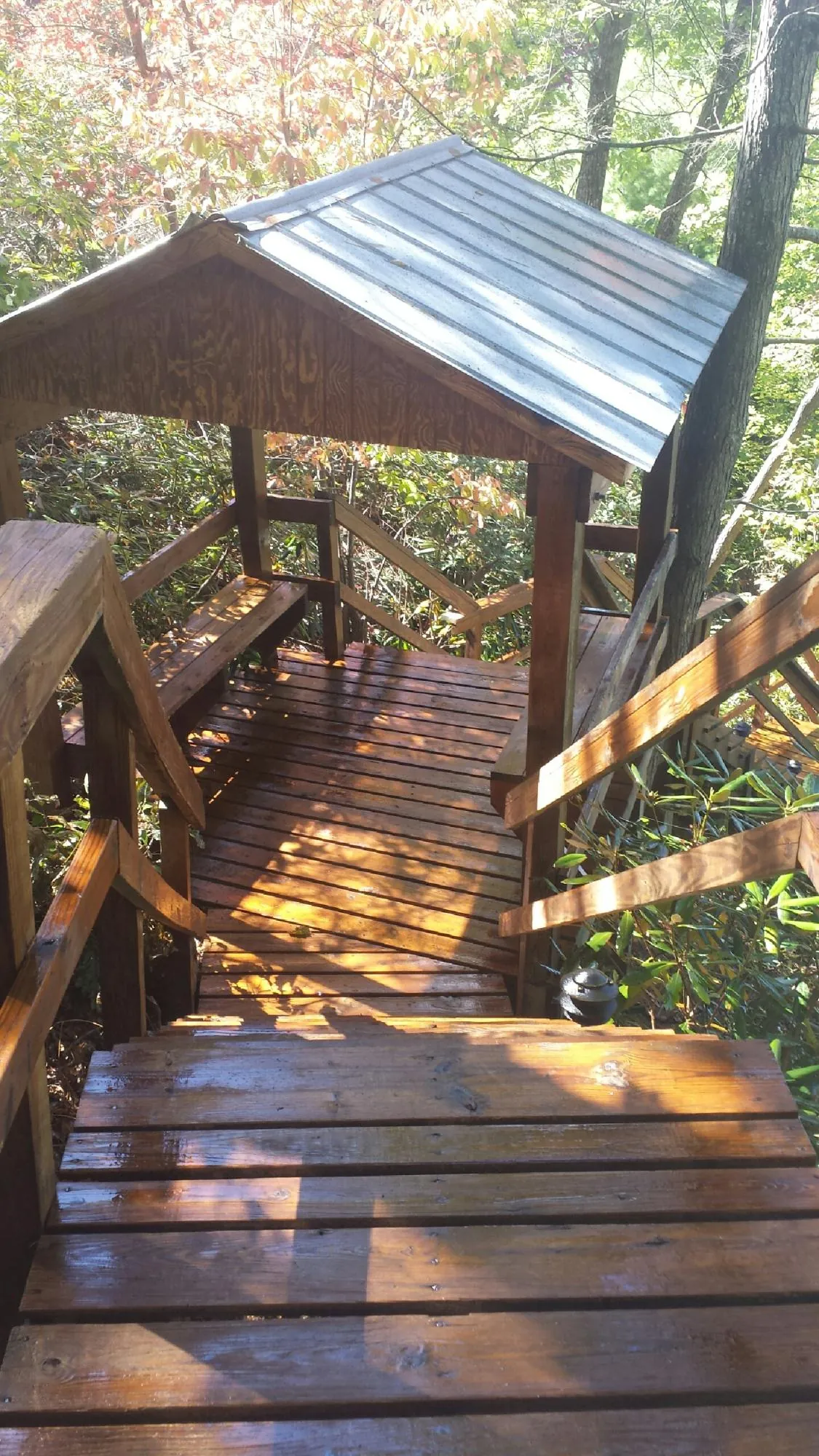 Freshly stained wood walkway and covered shelter with a metal roof in Robeline